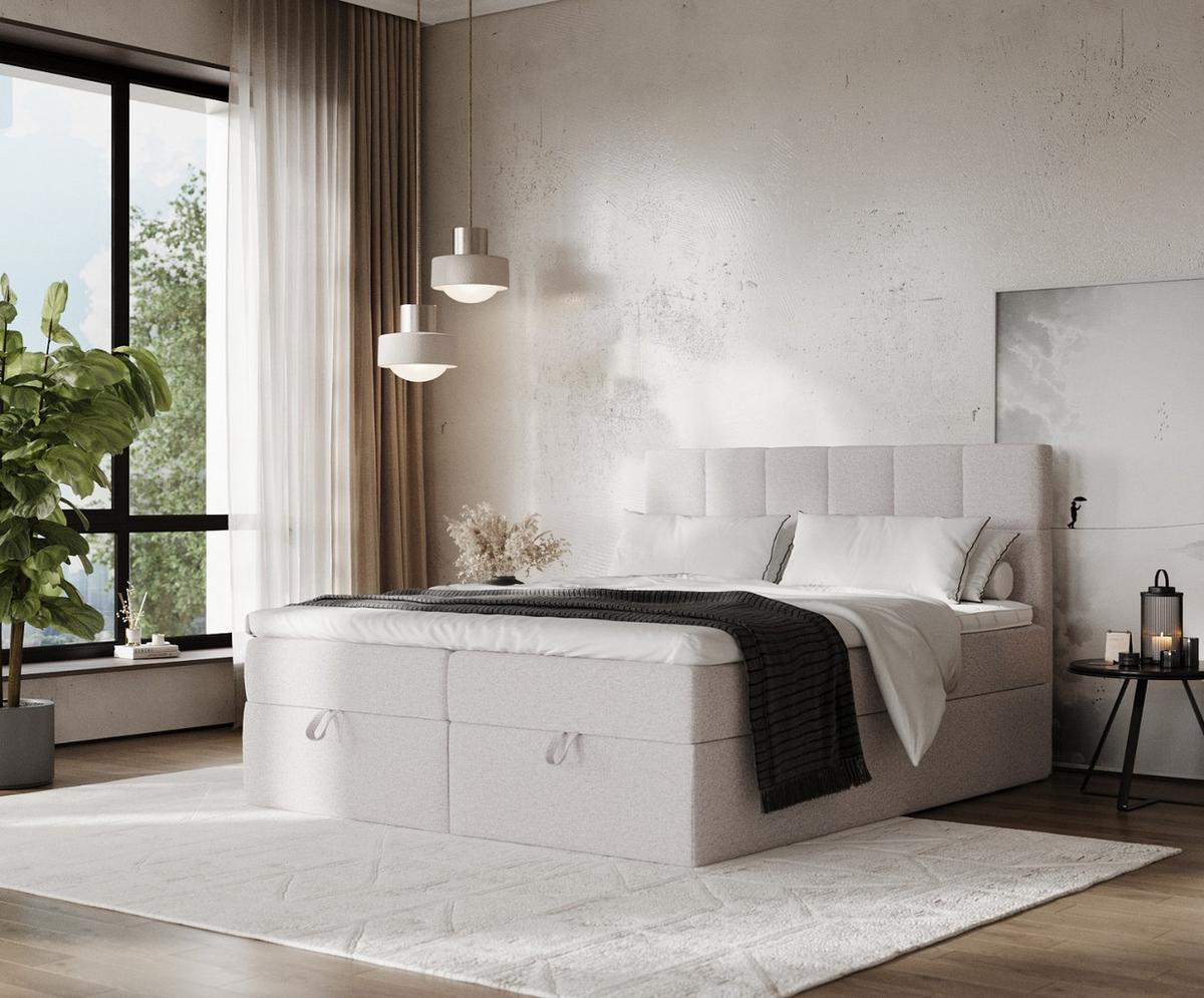 BOXBETT Savio 200/200 cm Beige im Riva Stoff - Beige/Schwarz, Holz/Holzwerkstoff (200/200cm) - AltaBeds