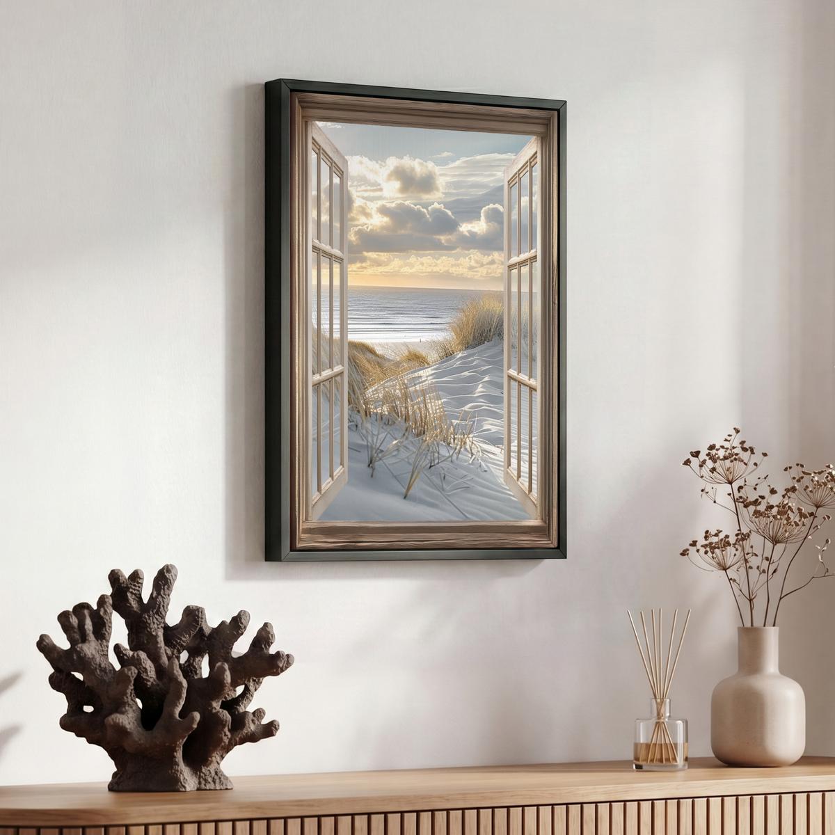 LEINWAND Bilder mit Rahmen - Ausblick - Strand - Dünen - Meer - Natur - 30x40 - Sandfarben, Textil (30/40cm) - MuchoWow