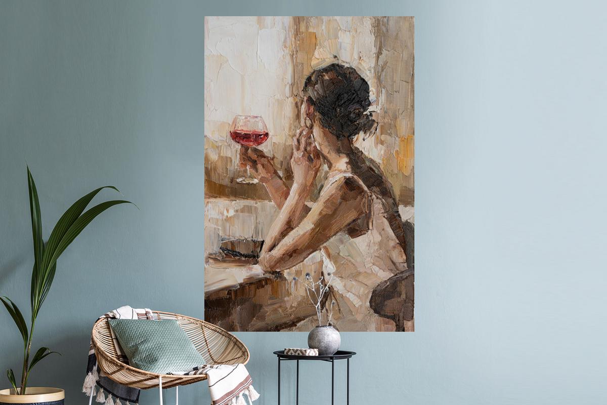 WANDTATTOO Ölgemälde - Frau - Wein Wandaufkleber 80x120 cm - Hellbraun, Kunststoff (80/120/0.1cm) - MuchoWow