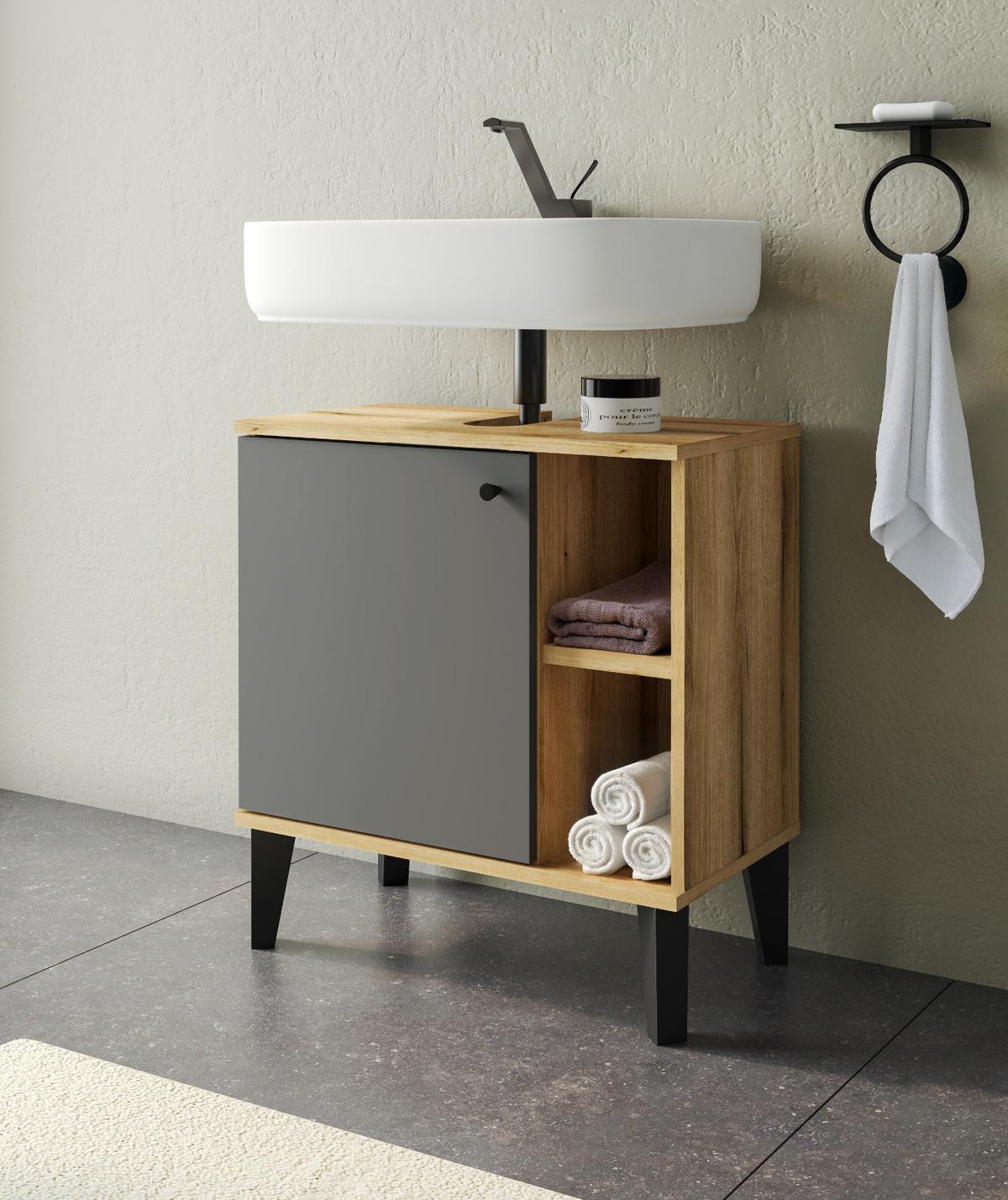 WASCHBECKENUNTERSCHRANK grau, Evoke Eiche, Badezimmer Unterschrank, 60 cm - Eichefarben/Schwarz, Holzwerkstoff/Kunststoff (60/65/33cm) - Furn.Design