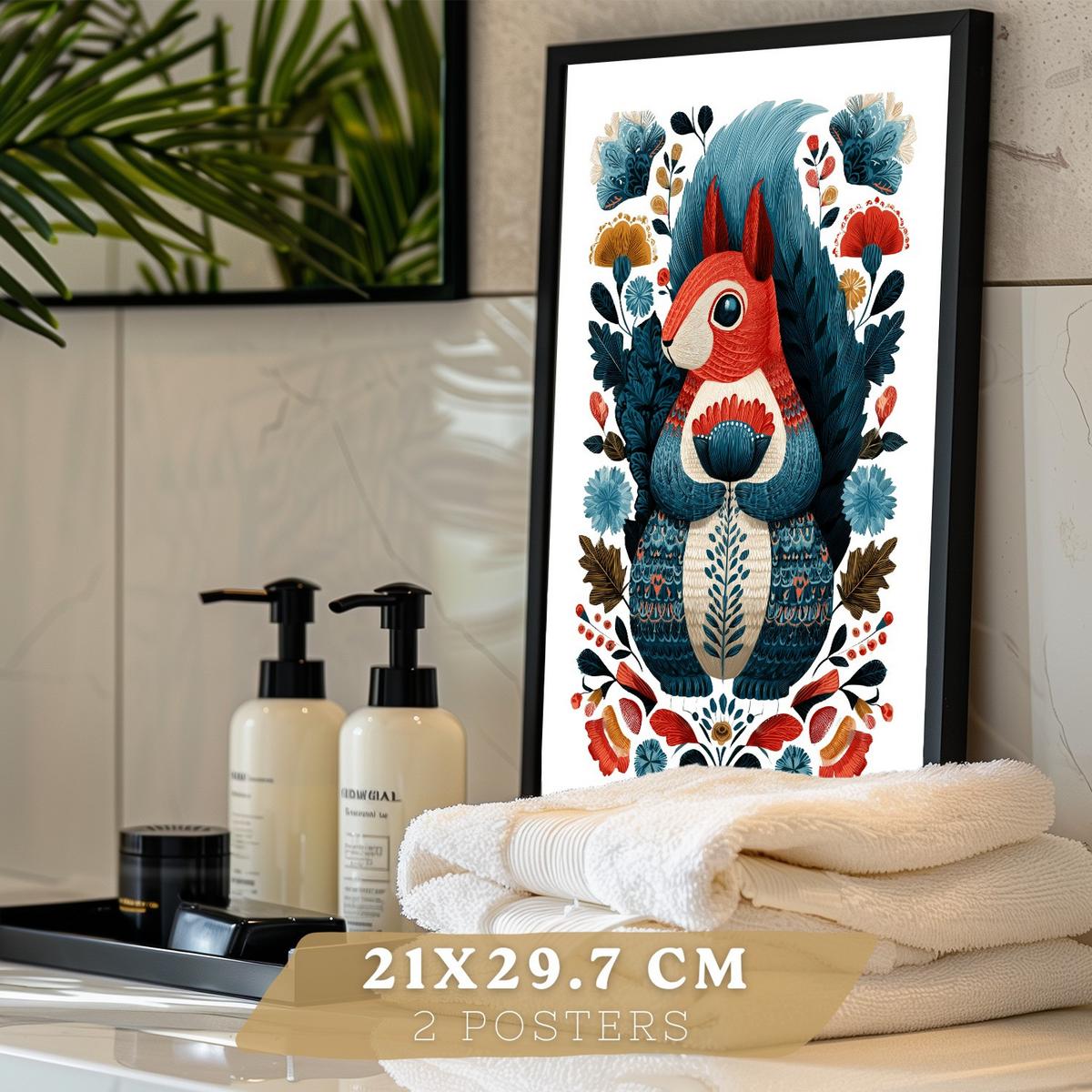 POSTER 2er-Set moderne Kunstdrucke im Folk-Stil, Katzen Eichhörnchen-Dekorationsbilder, farbenfrohe Blumenposter für Wohnzimmer Schwarzer Rahmen A4 - Schwarz, Papier (29.7/21/3cm) - Nacnic