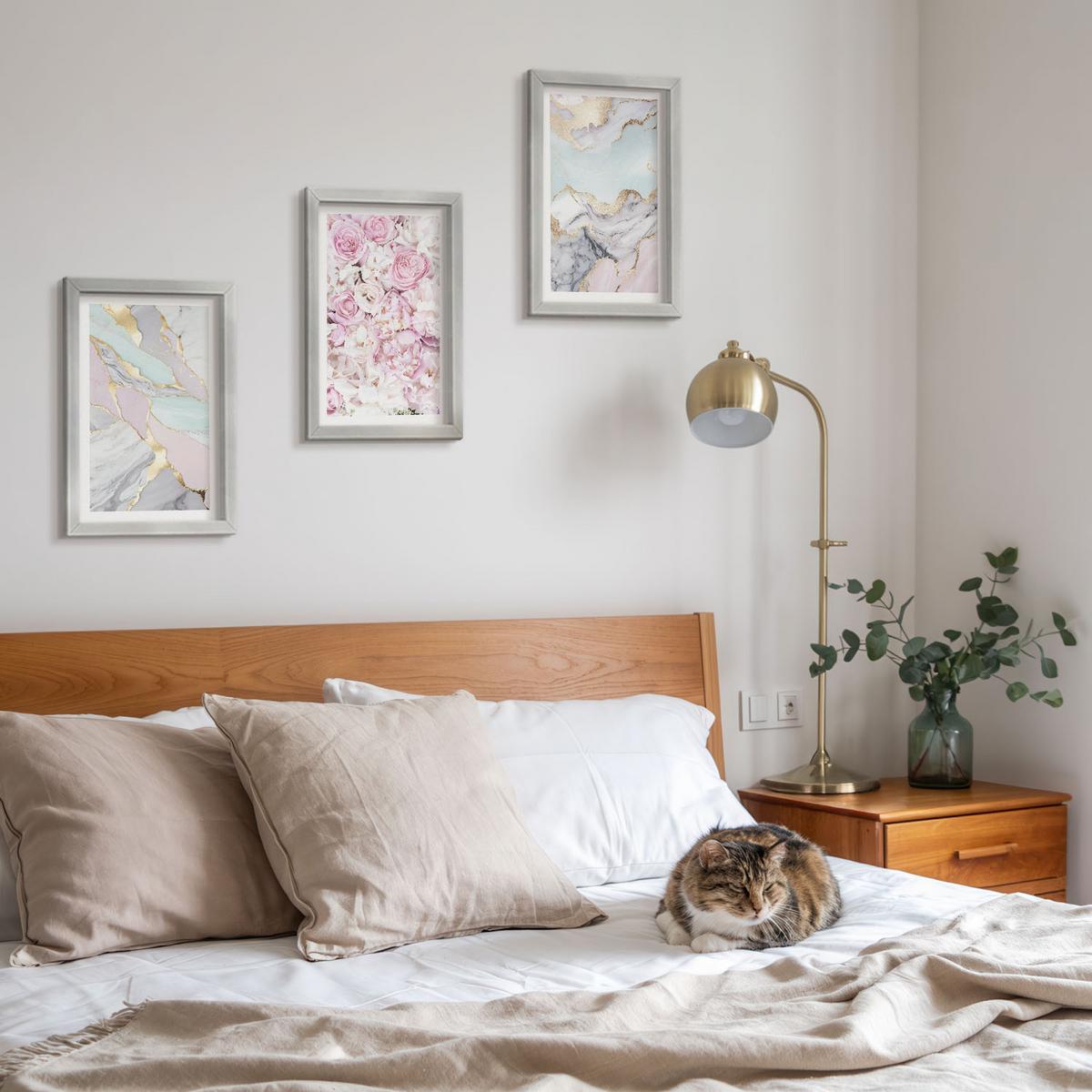 BILDER SET 3er Set - 20x30 cm Silberner Rahmen - Rosa Blumen Marmor Pastell - Silberfarben, Kunststoff (20/30cm) - TULUP