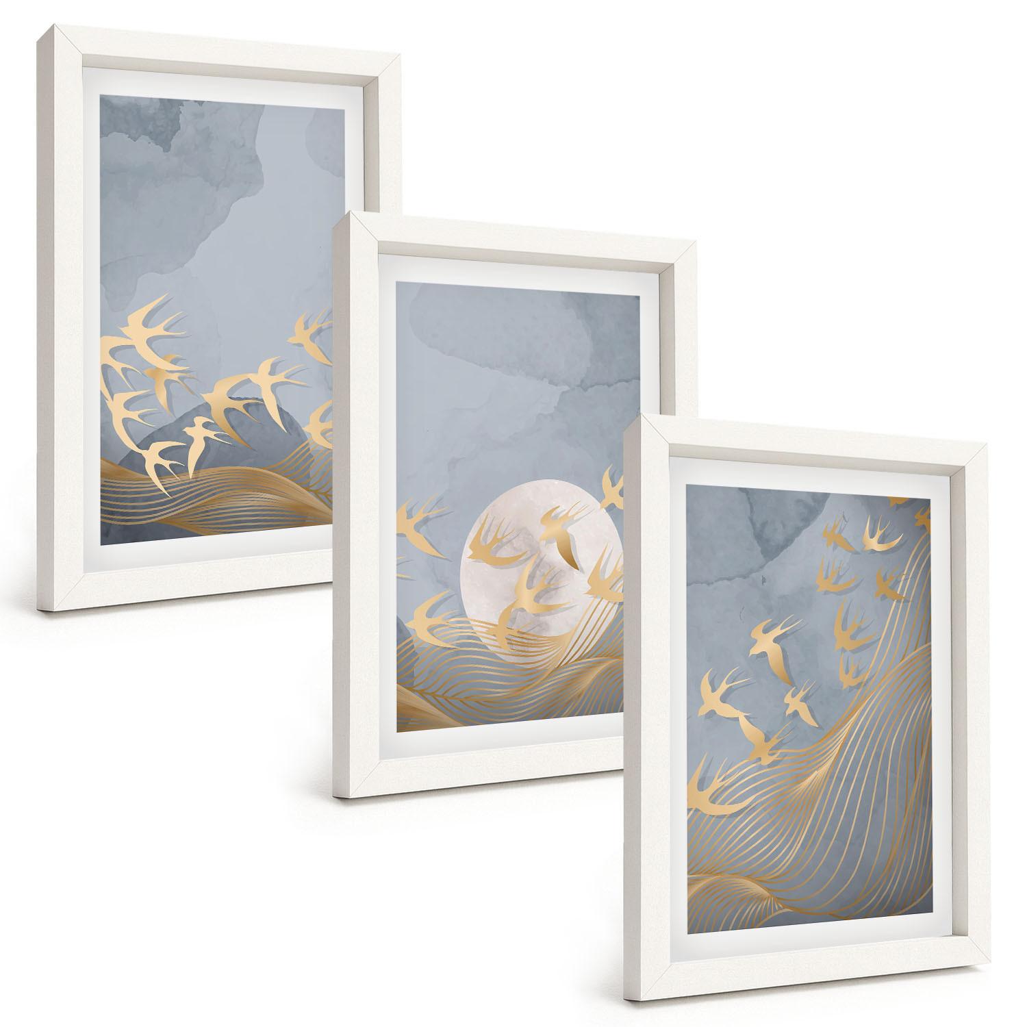 BILDER SET 3er Set - 20x30 cm Weißer Rahmen - Vögel, die am Himmel fliegen - Weiß, Kunststoff (20/30cm) - TULUP