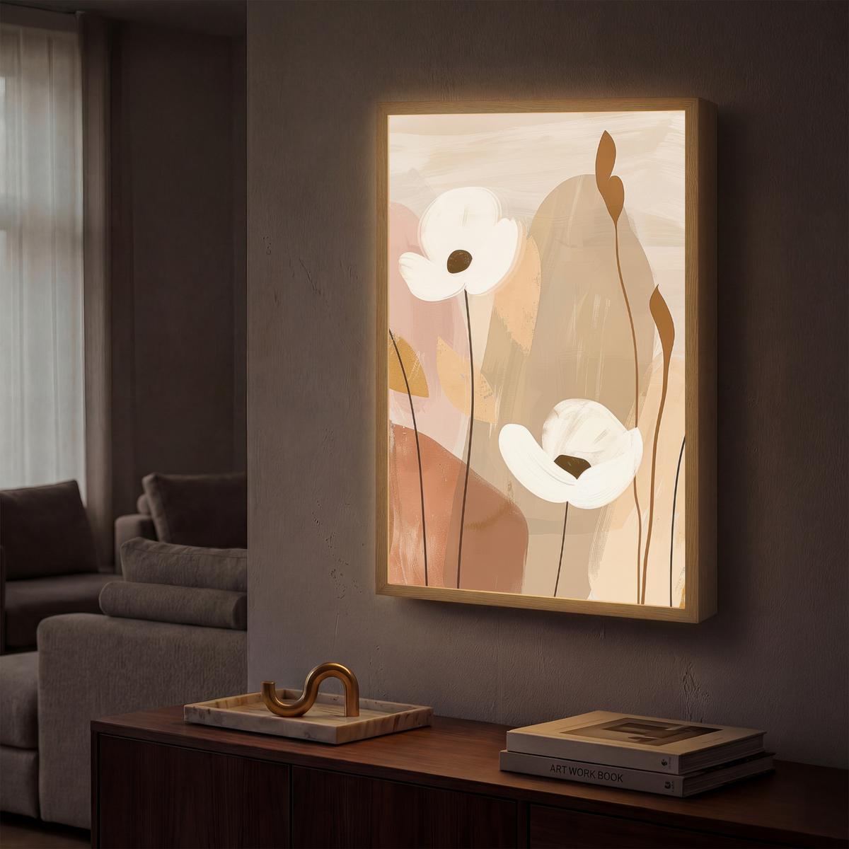 WANDLEUCHTE MIT AKKU Blumen - Abstrakt - Beige - Strichzeichnung 40x60 cm - Sandfarben, Holzwerkstoff (40/60/8cm) - OnlyWow