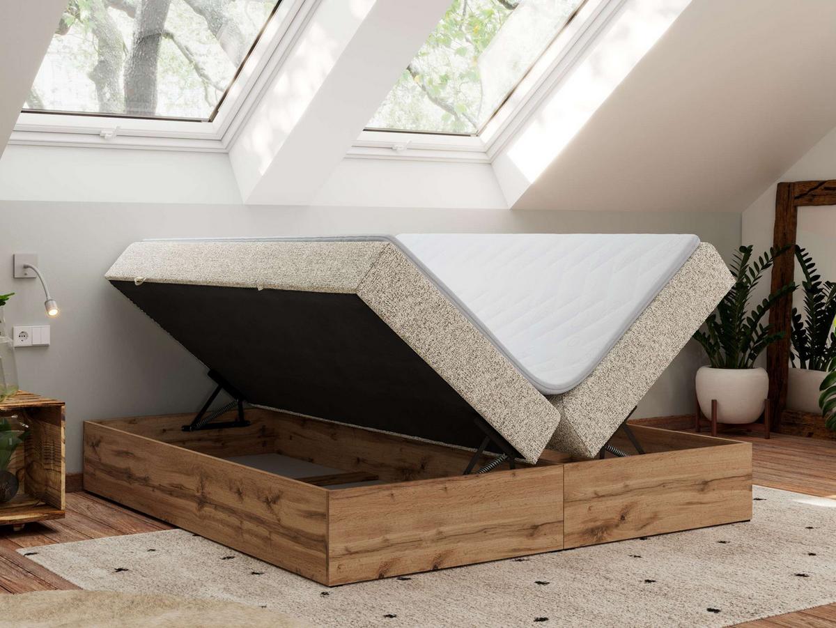 BOXBETT WOOD ZERO 160/200 - Beige Struktur - H4 - Topper T25 - Beige, Textil (160/200cm) - MKS