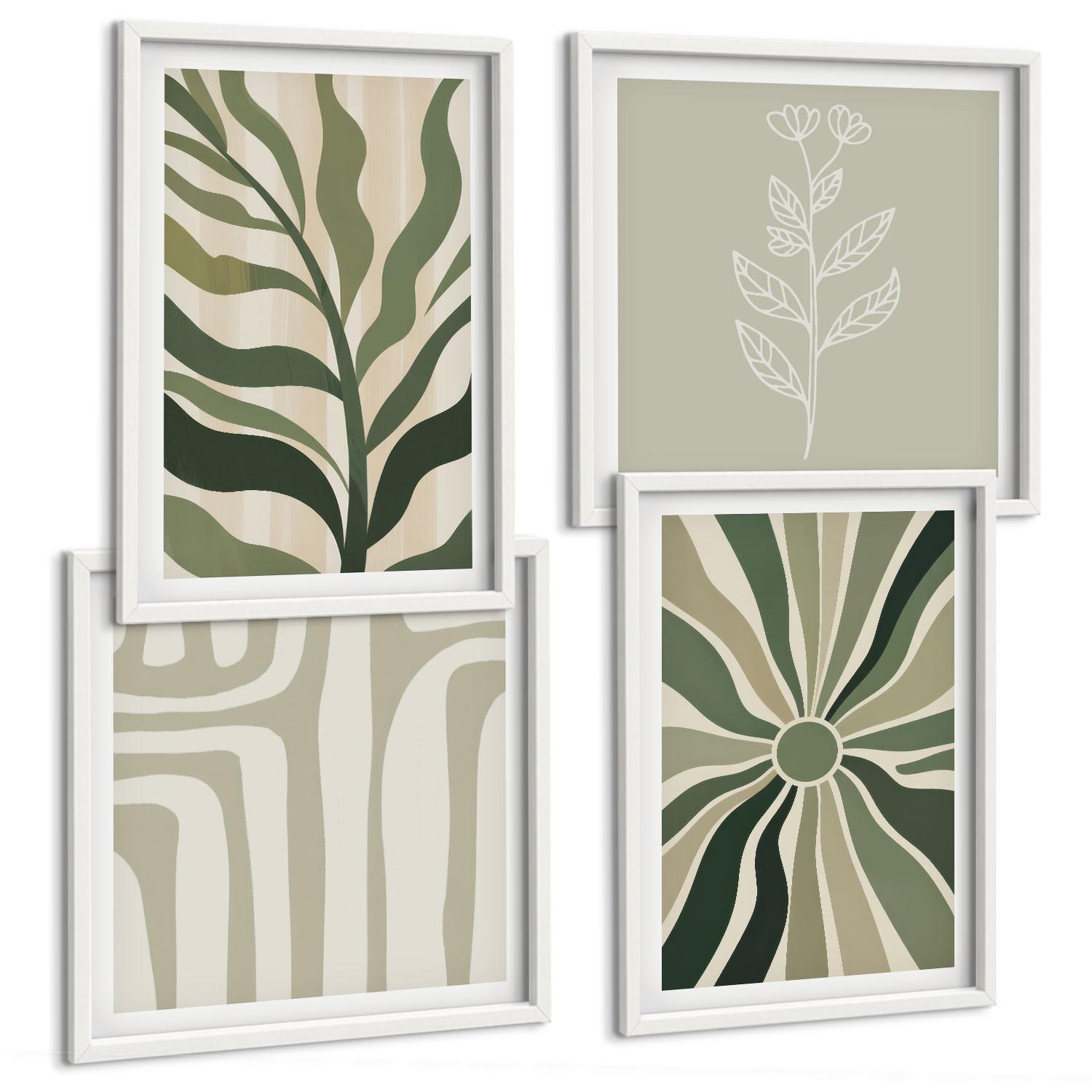 BILDER SET 4er Set - 50x50 cm & 40x60 cm Weißer Rahmen - Pflanzenmuster grüner Minimalismus - Weiß, Kunststoff (50/50cm) - TULUP