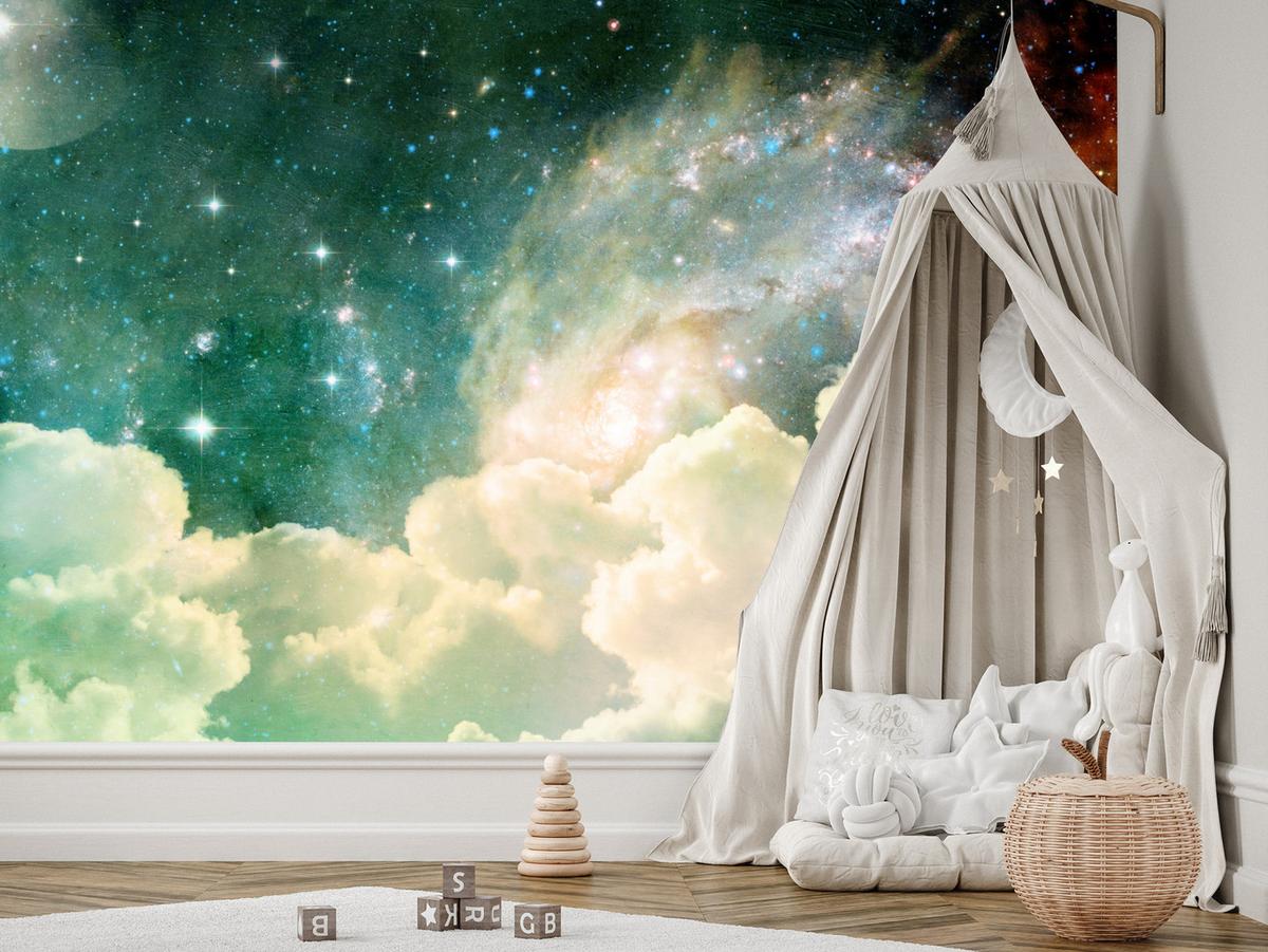 FOTOTAPETE für Kinderzimmer Kosmische Nebelwolken Sterne Galaxie Mystisch 200x140 - Türkis/Pastellgrün, Papier (200/140cm) - Muralo