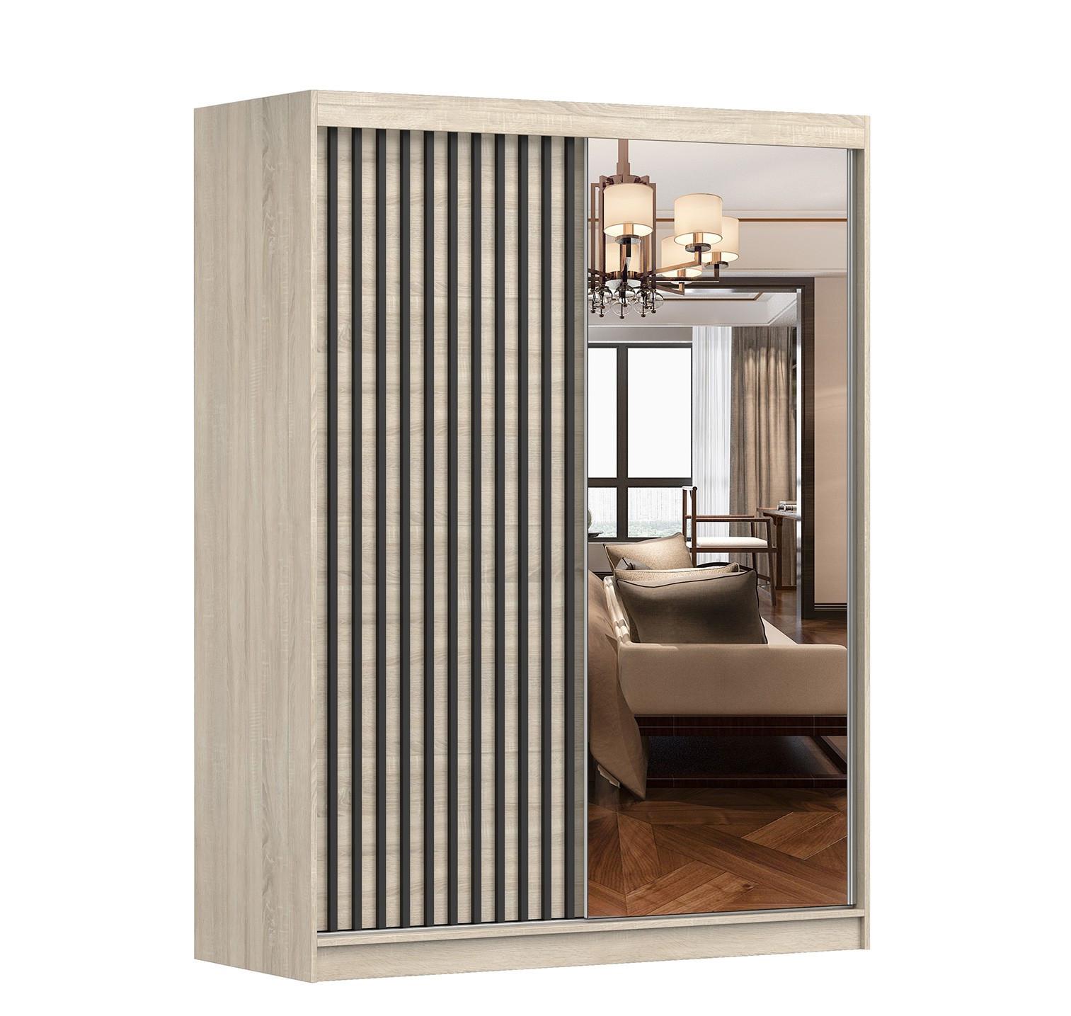 SCHWEBETÜRENSCHRANK Lami S Sonoma/Sonoma + Spiegel ohne LED- Beleuchtung 150 cm - Alufarben/Sonoma Eiche, Glas/Holzwerkstoff (150/200/61cm) - imoebel24