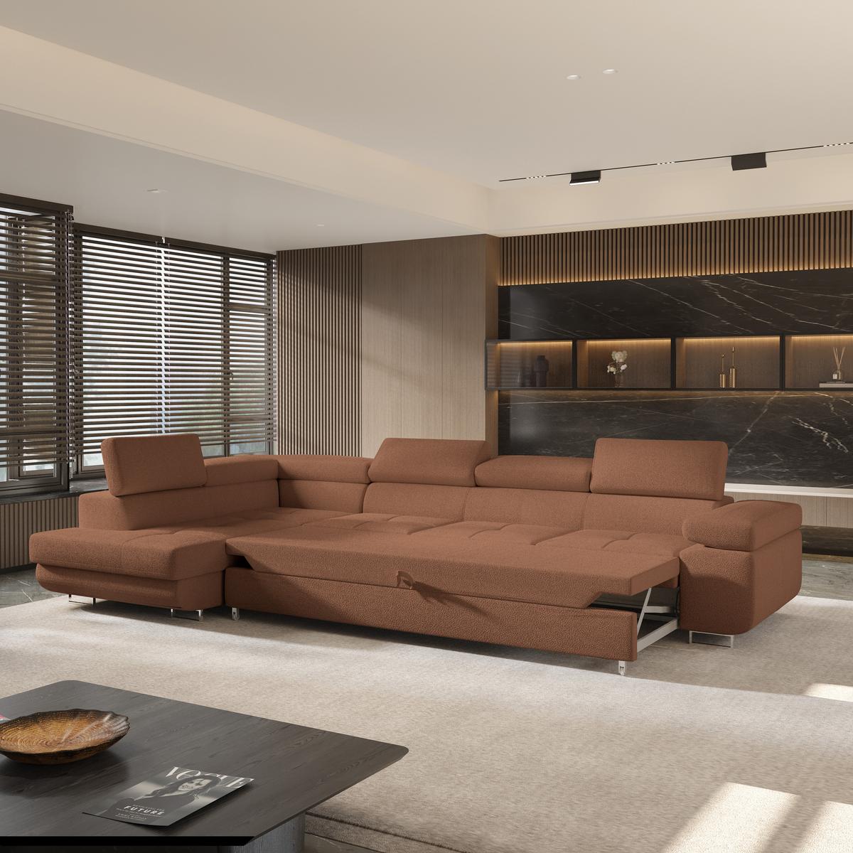 ECKSOFA VICENTE Kupferfarben Boucle-Stoff mit Schlaffunktion - Kupferfarben, Holz (346/202cm) - MASSENO