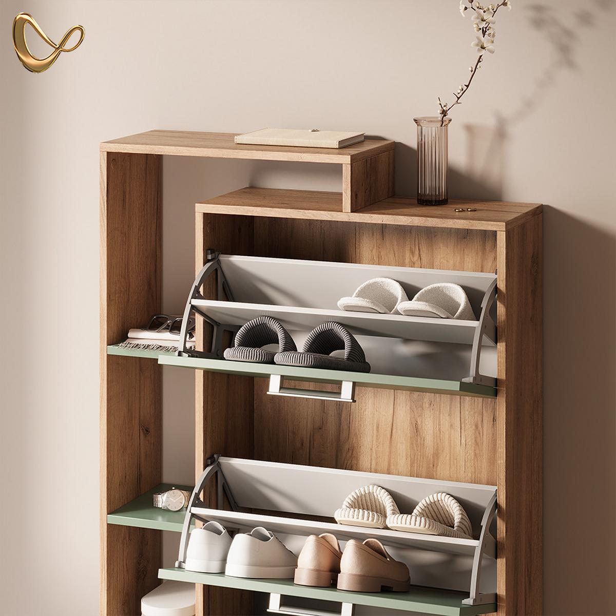 SCHUHKIPPER Ortello Goldkraft Eiche/Grün 80 x 128.3 cm mit 3 Fächern - Honigeiche/Grün, Holzwerkstoff (80/128.3/24.2cm) - Livinity®