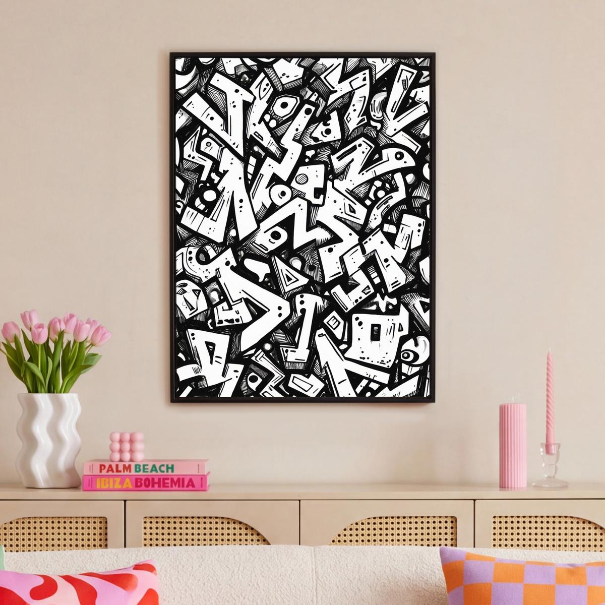 LEINWAND Bilder mit Rahmen - Formen - Buchstaben - Graffiti - Schwarz - 70x100 - Schwarz, Textil (70/100cm) - MuchoWow