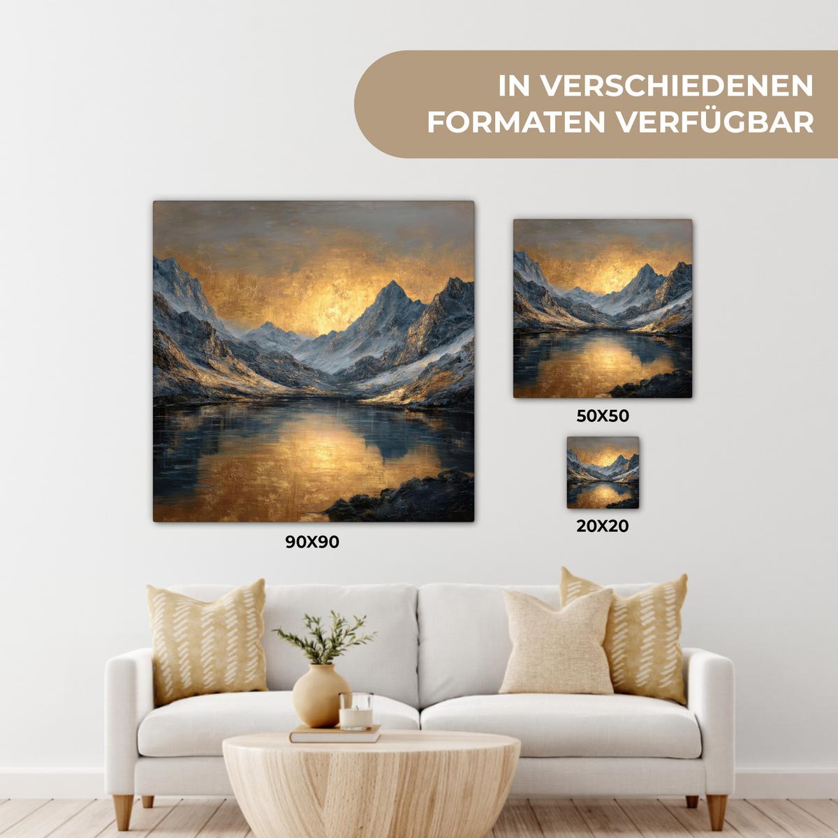 LEINWANDBILD Bergkulisse mit goldenem Sonnenuntergang Deko Groß 90x90 cm - Goldfarben, Textil (90/90cm) - MuchoWow