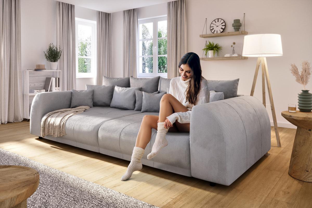 BIGSOFA Levana 5 Sitzer Hellgrau Cord-Stoff - Hellgrau/Schwarz, Holz/Kunststoff (310/86/135cm) - S-Style Möbel