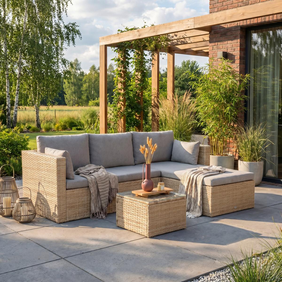 GARTENSET Sevilla, aus Technorattan, Ecksofa mit Couchtisch, Beige - Beige, Kunststoff - Beautysofa