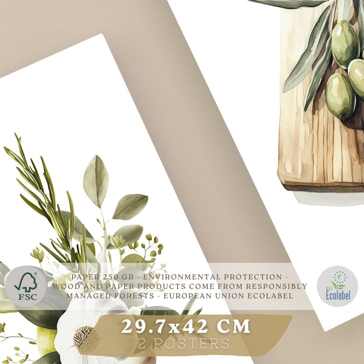 POSTER 2er Set Küchen-Wandbilder Knoblauch Kräuter und Oliven Mediterranes Aquarell Esszimmer Wanddeko Rahmenlos A3 - Klar, Papier (29.7/1/42cm) - Nacnic