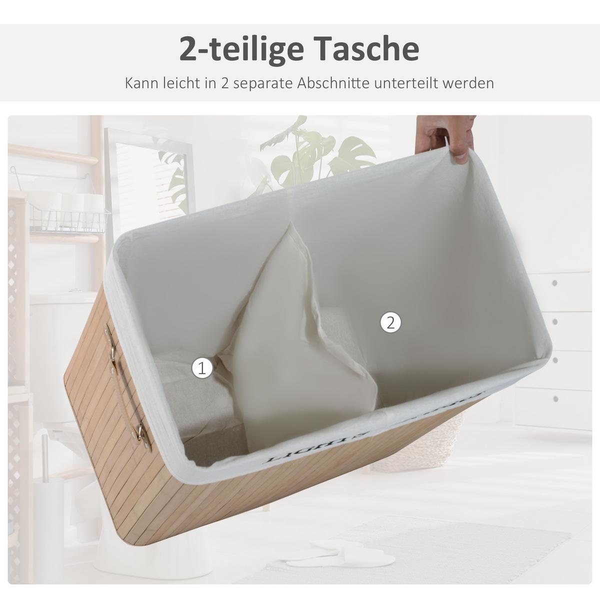 100L Wäschekorb Wäschebox Wäschesammler Wäschesortierer 2 x Fach Bambus - Naturfarben, Naturmaterialien (32/63/52cm) - HOMCOM
