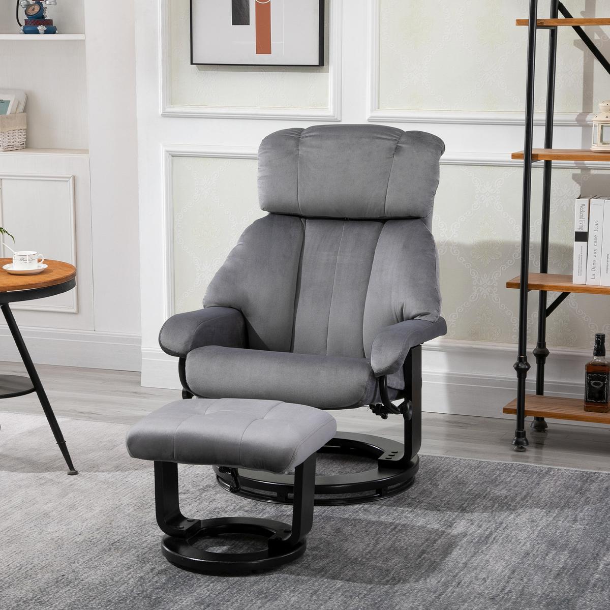 MASSAGESESSEL inkl. Hocker Fernsehsessel drehbar Relaxsessel Samt-Touch Grau - Schwarz/Grau, Textil/Metall (80/102/76cm) - HOMCOM