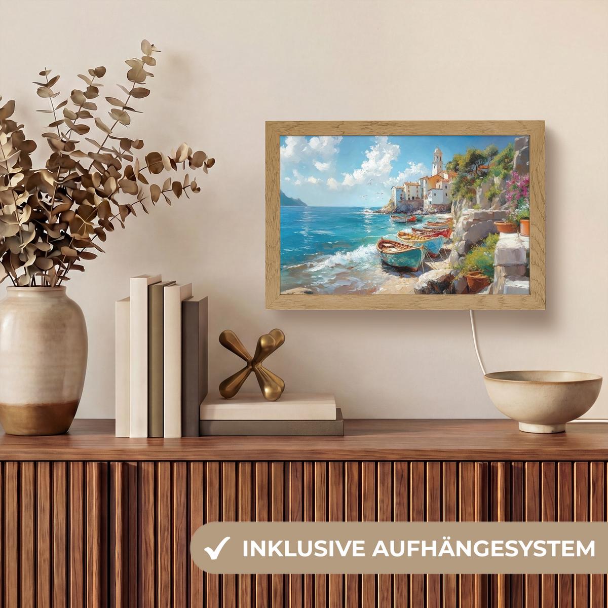 WANDLEUCHTE Boote - Felsen - Meer - Sonne 30x20 cm - Blau, Holzwerkstoff (30/20/8cm) - OnlyWow