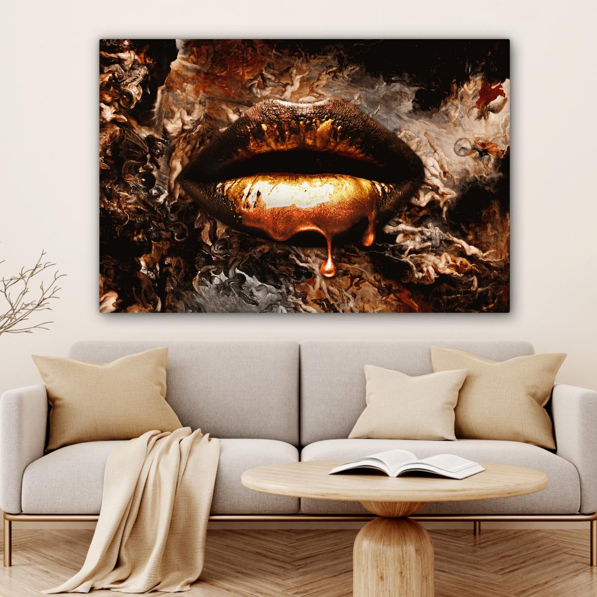 LEINWANDBILD Gold - Lippen - Kunst - Gold - Luxus - Abstrakt XXL 150x100 cm - Kupferfarben, Textil (150/100cm) - MuchoWow