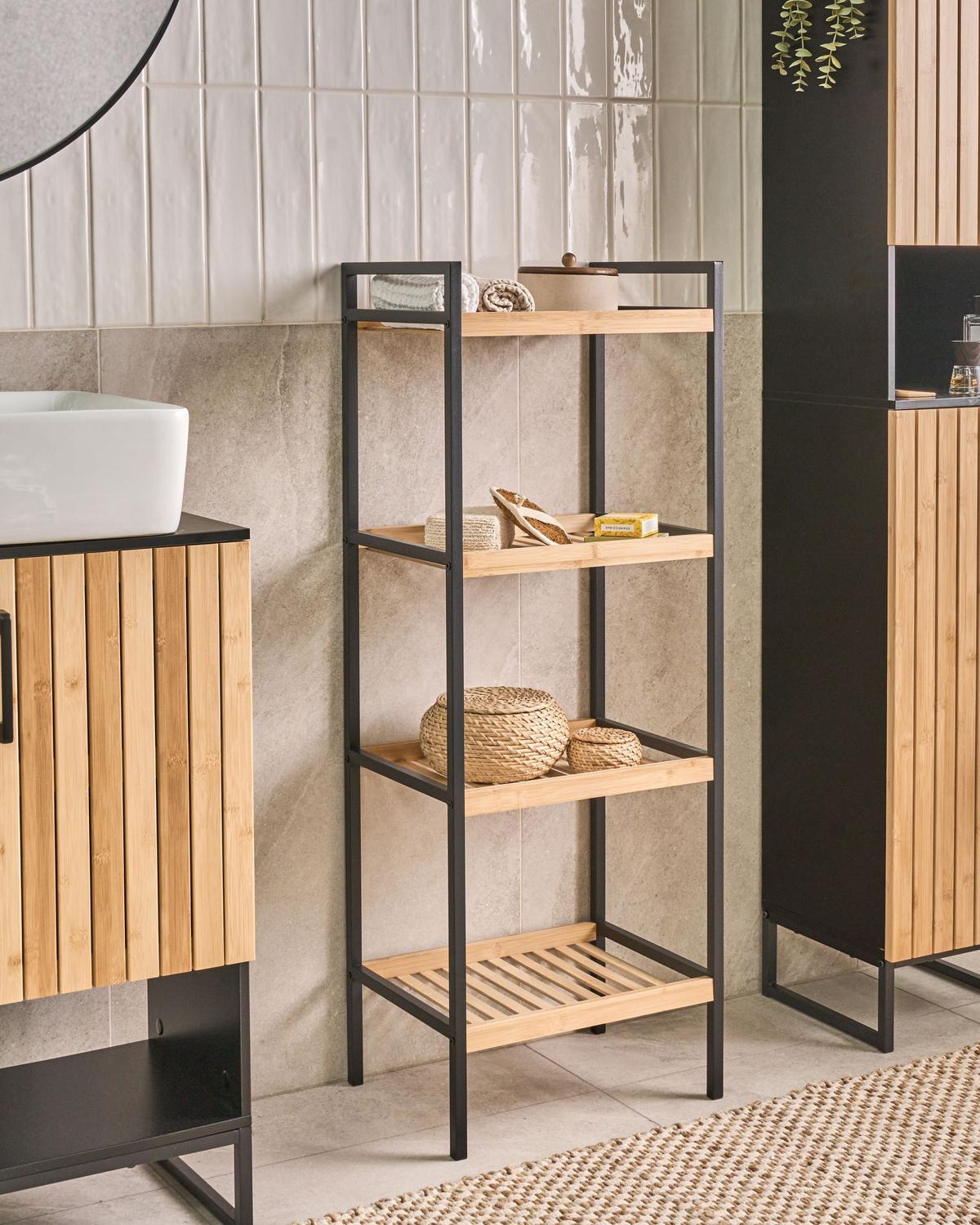 REGAL mit 4 Ebenen Bambus Hellbraun Tajzara - Hellbraun/Schwarz, Holz (40/109/30cm) - Beliani
