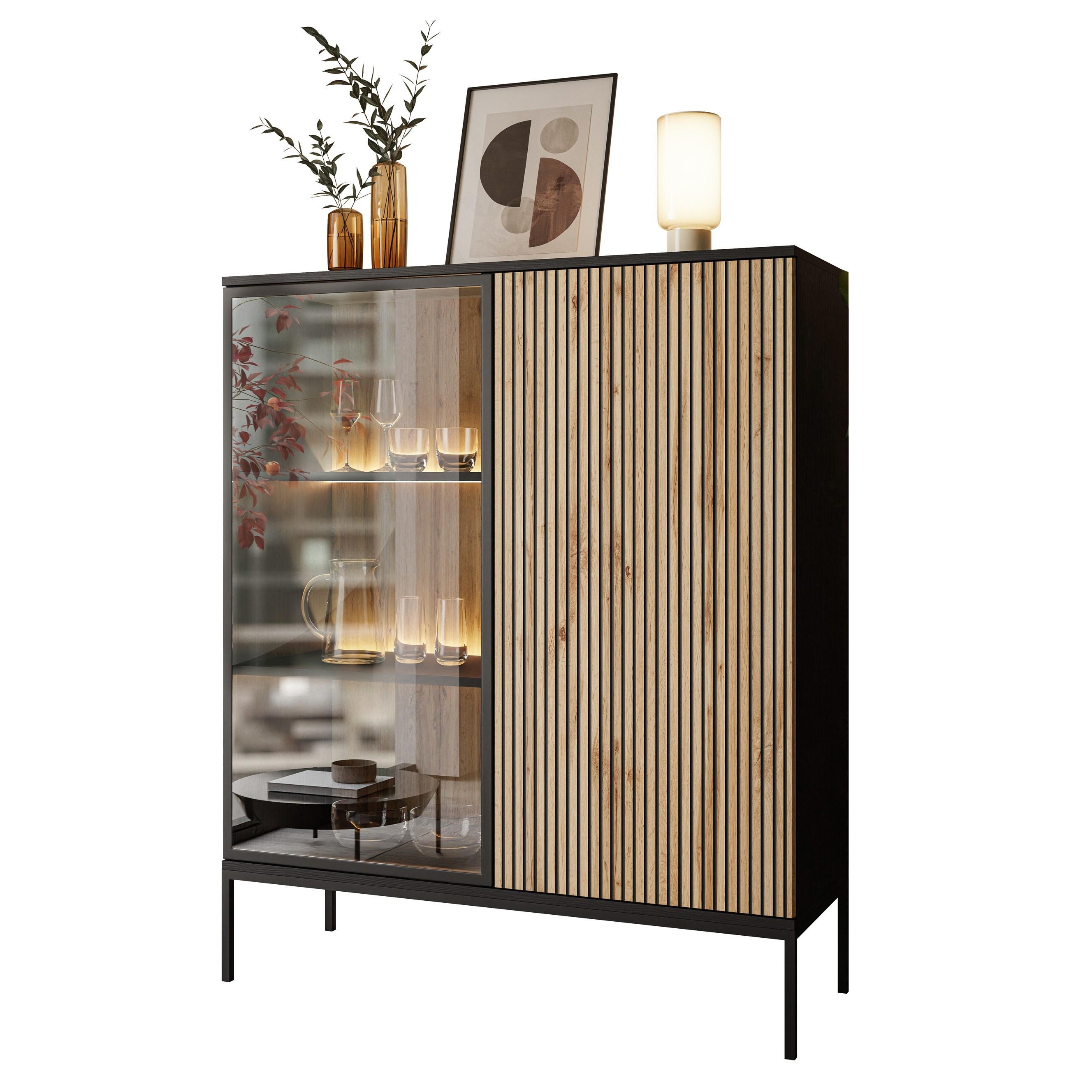VITRINE ECLIPSE WT104 mit Beleuchtung,Schwarz Eiche Wotan - Eiche Wotan, Holzwerkstoff (104/126/39cm) - Lookway