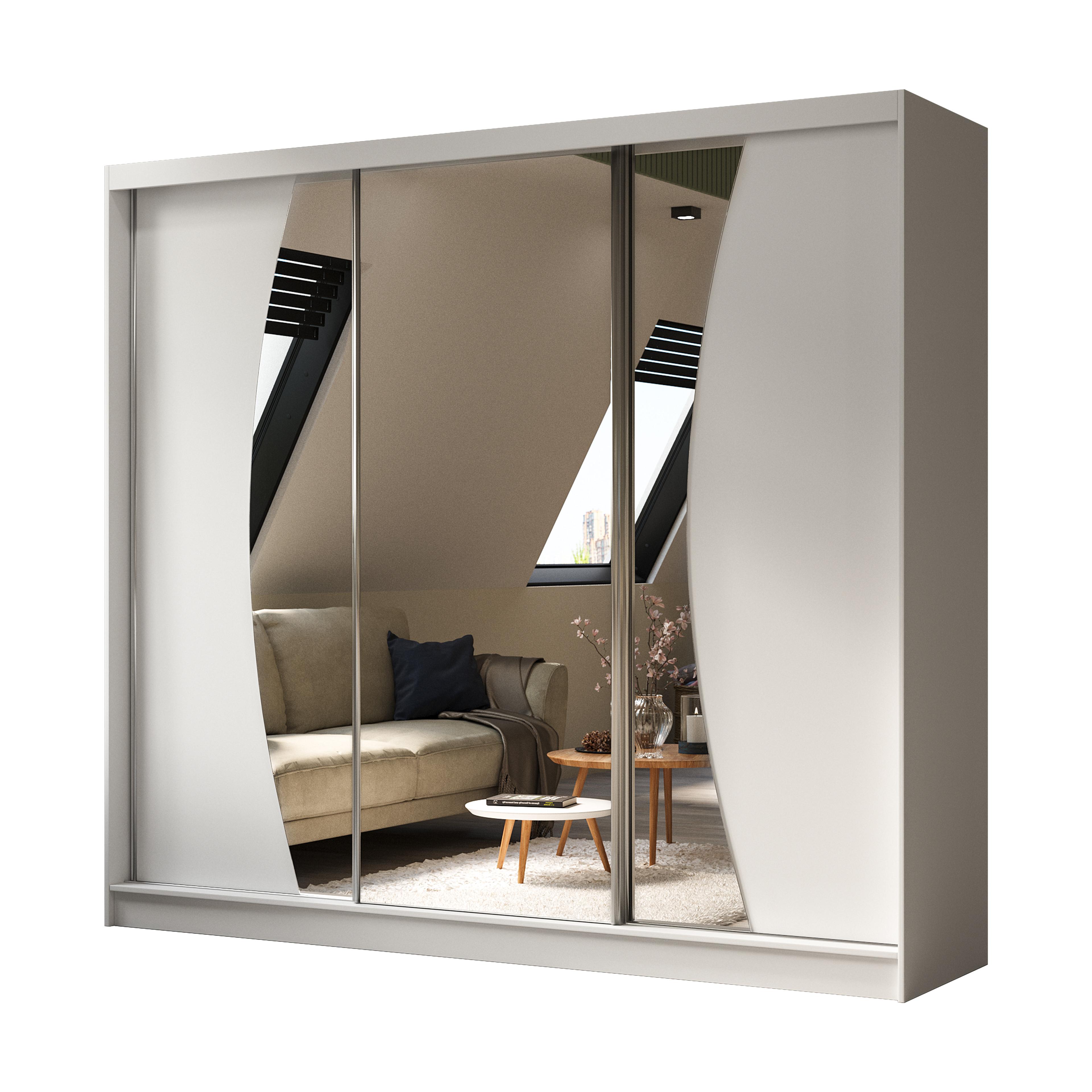 KLEIDERSCHRANK mit Spiegel-Schiebetüren und Aluminium-Leisten, LED-Beleuchtung - VOXI - 240 cm Weiß - Weiß, Holzwerkstoff (240/216/61cm) - ALTDECOR