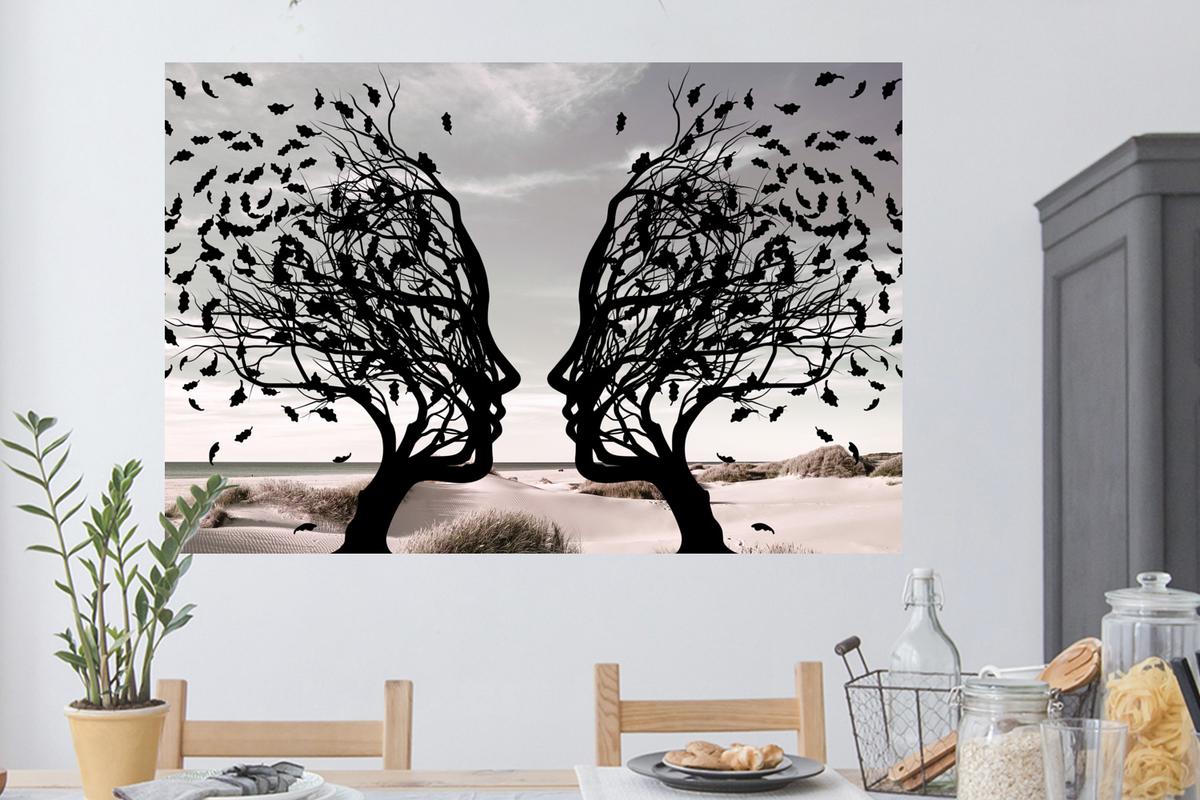 WANDTATTOO Strand - Meer - Menschen - Baum - Moderne Kunst Wandsticker 120x80 cm - Hellgrau, Kunststoff (120/80/0.1cm) - MuchoWow