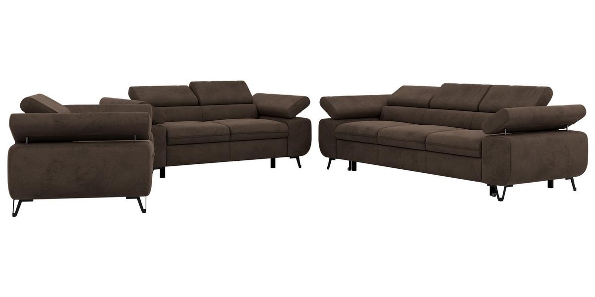 SITZGARNITUR PETER 1+2+3 mit Schlaffunktion - Braun Velvet - Schwarz/Braun, Textil/Metall (262/76/99cm) - MKS