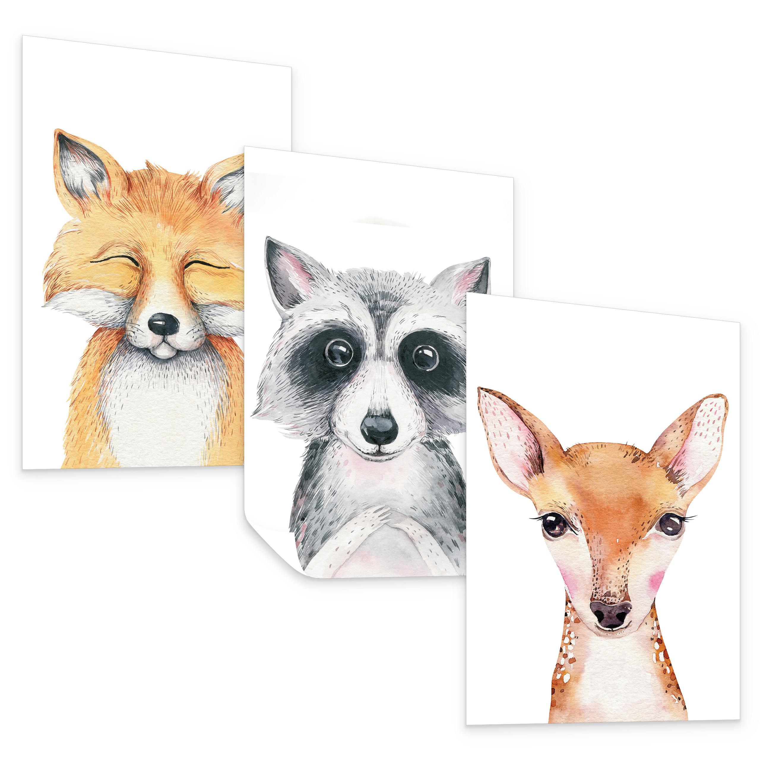 POSTER SET ohne Rahmen für Kinderzimmer WALDTIERE Fuchs Waschbär Reh A3 30x42cm - Beige/Orange, Papier (30/42/1cm) - Muralo