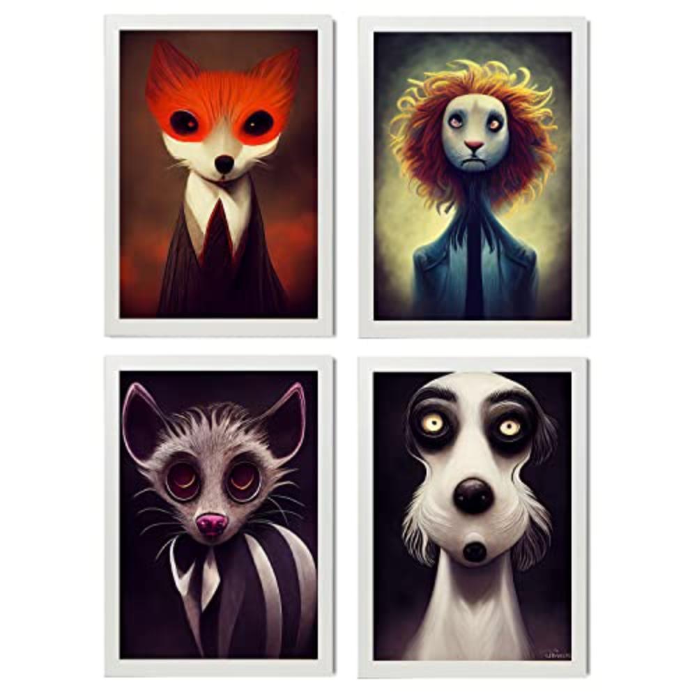 POSTER Set mit 4 Starren Poster im T Burton Goth Stil Tier A4 Weißer Rahmen - Weiß, Papier (29.7/3cm) - Nacnic