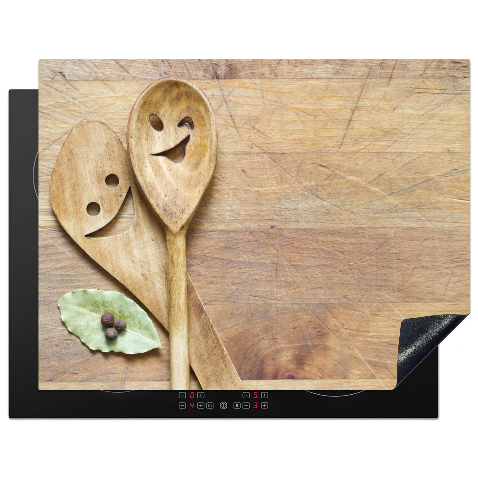 HERDABDECKPLATTE Holz - Löffel - Braun - Smiley Induktionsmatte 77x59 cm - Hellbraun, Kunststoff (77/59/0.2cm) - MuchoWow