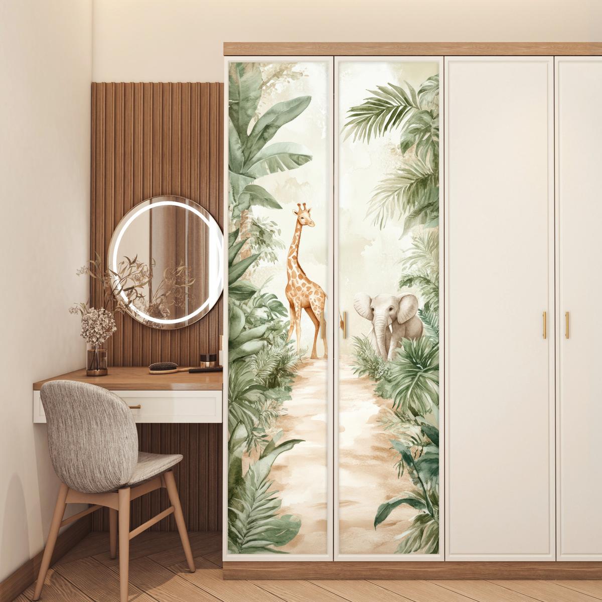 TÜRAUFKLEBER Dschungel - Giraffe - Elefant - Grün - Natur 80x215 cm - Türtapete - Eukalyptusholzfarben, Kunststoff (80/0.1cm) - MuchoWow
