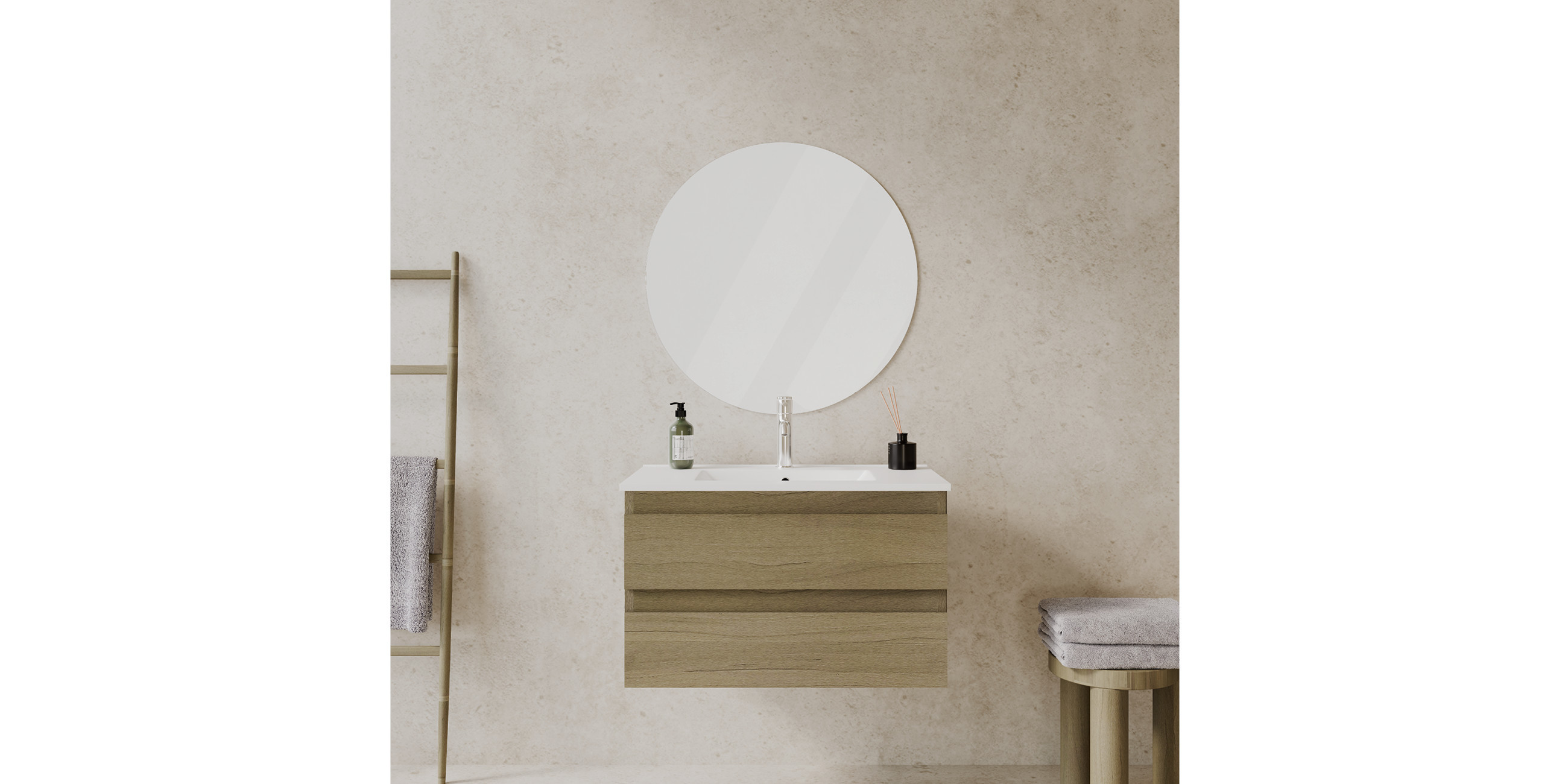 Badezimmer-Set aus rundem Spiegel und naturfarbenem Hängeschrank