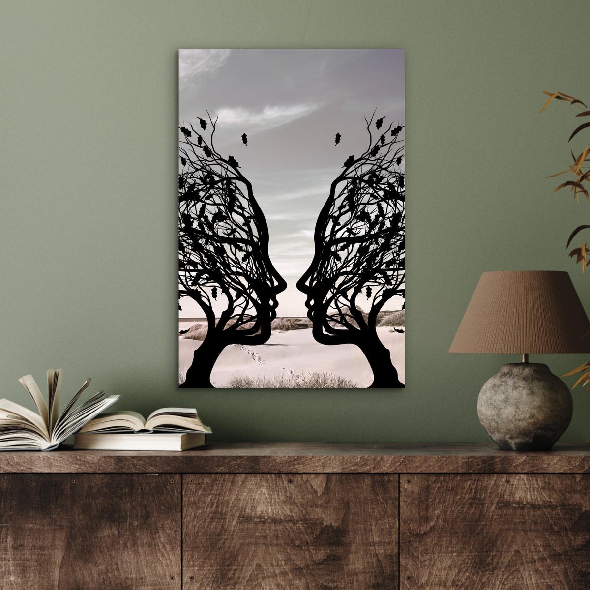 METALLBILD Strand - Meer - Menschen - Baum - Moderne Kunst Deko Schlafzimmer 40x60 cm - Hellgrau, Metall (40/60cm) - MuchoWow
