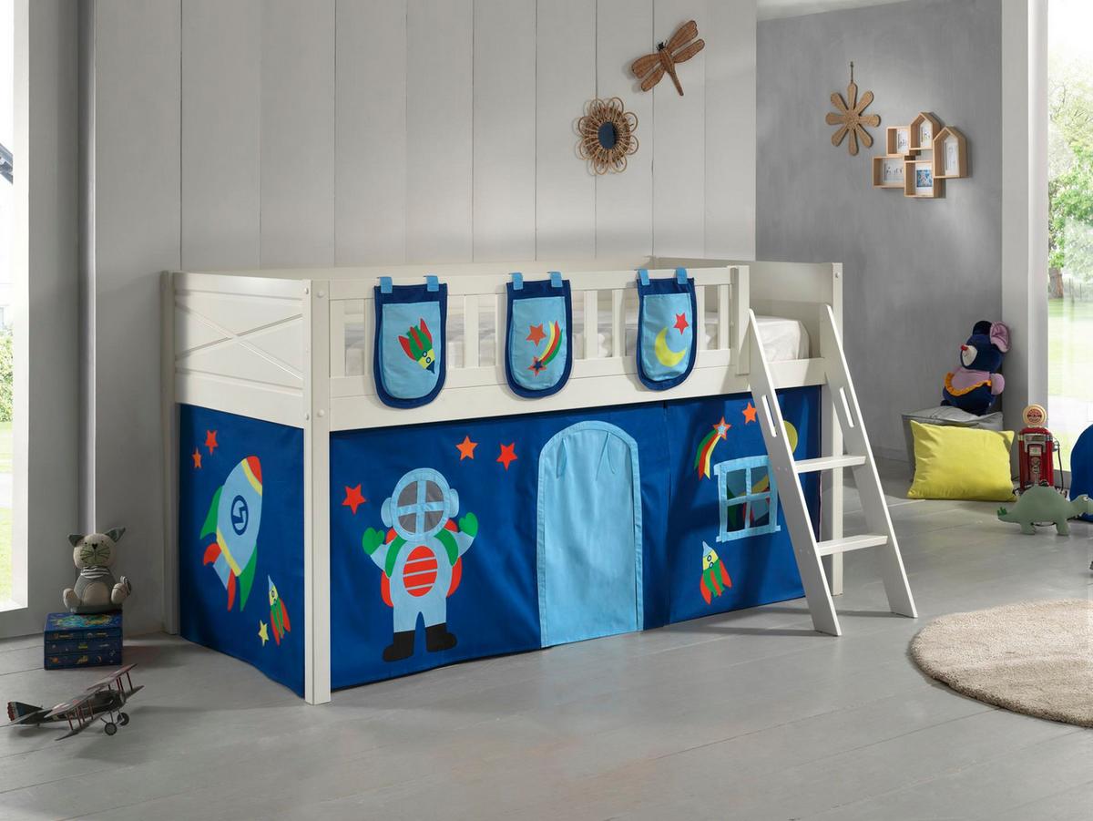 KINDERBETT Karyl 208x114x135 Massivholz Weiß Textilset Astro 3 - Blau/Weiß, Holz (90/200cm) - 58aufmkessel