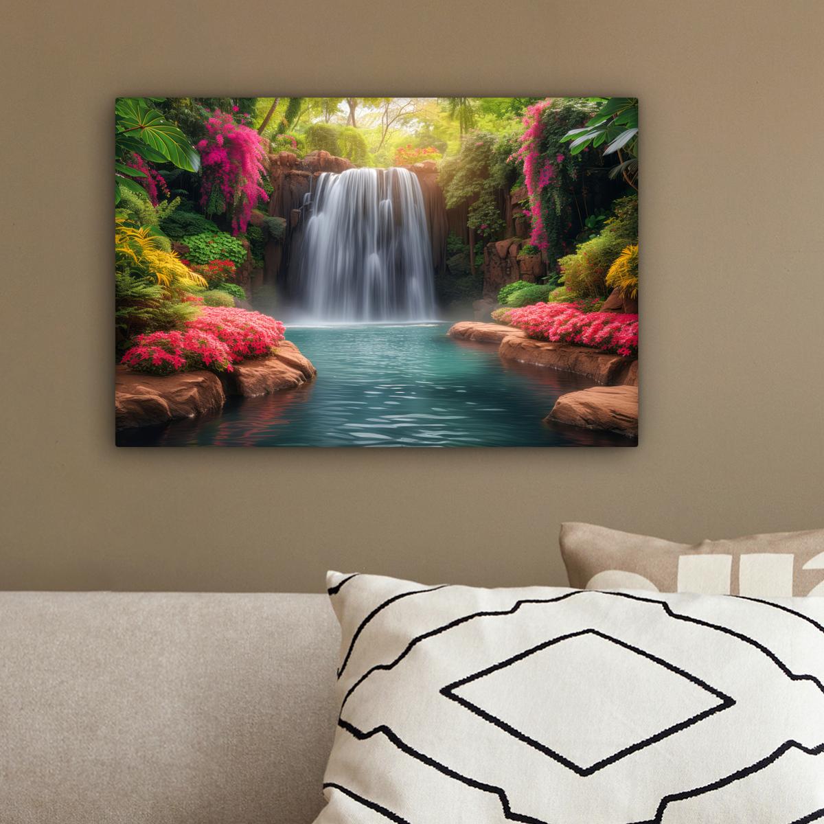 LEINWANDBILD Wasserfall - Natur - Pflanzen - Dschungel - Wasser Deko Schlafzimmer 30x20 cm - Grün, Textil (30/20cm) - MuchoWow