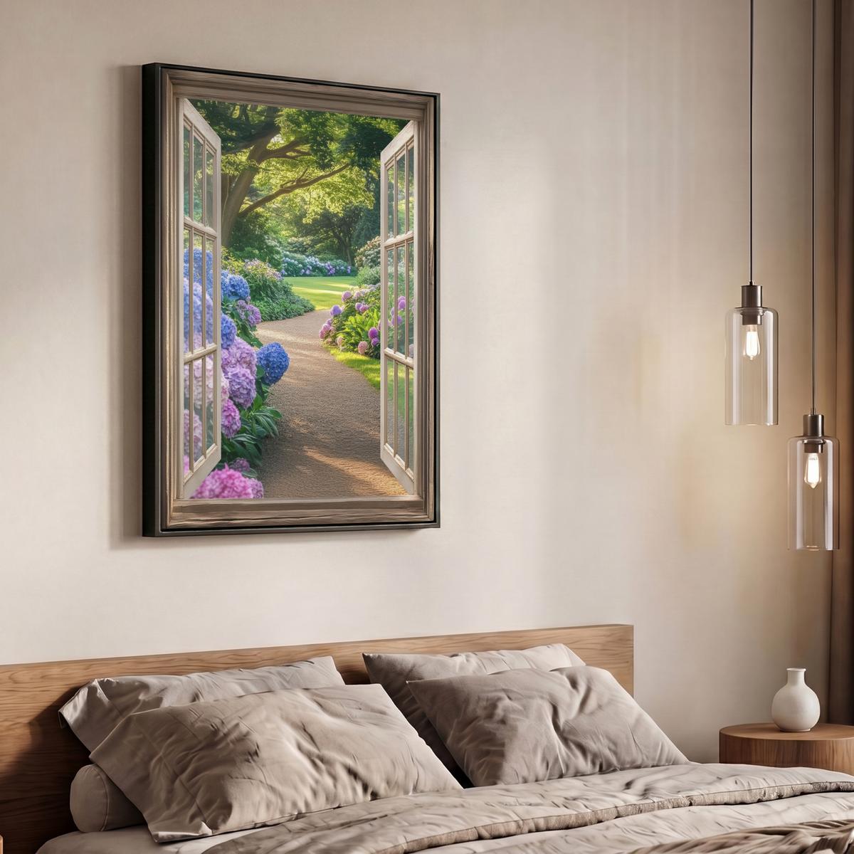 LEINWAND Bilder mit Rahmen - Aussicht - Garten - Fenster - Hortensie - Blumen - 70x100 - Pastellblau, Textil (70/100cm) - MuchoWow