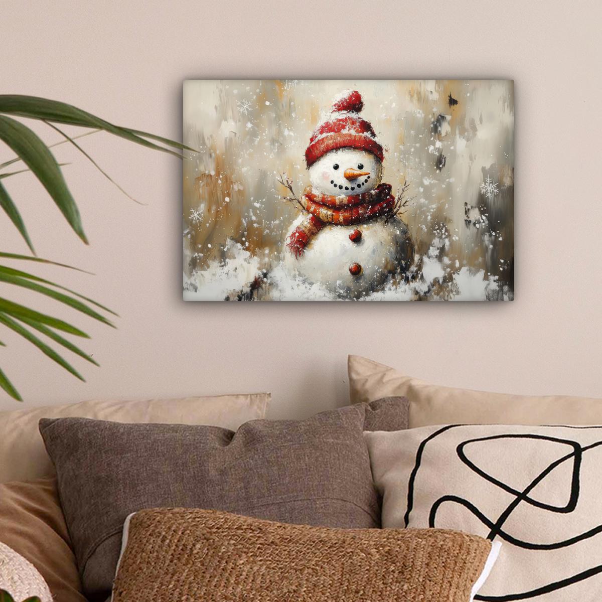 LEINWANDBILD Schneemann - Winter - Schnee - Beige Deko Schlafzimmer 30x20 cm - Weiß, Textil (30/20cm) - MuchoWow