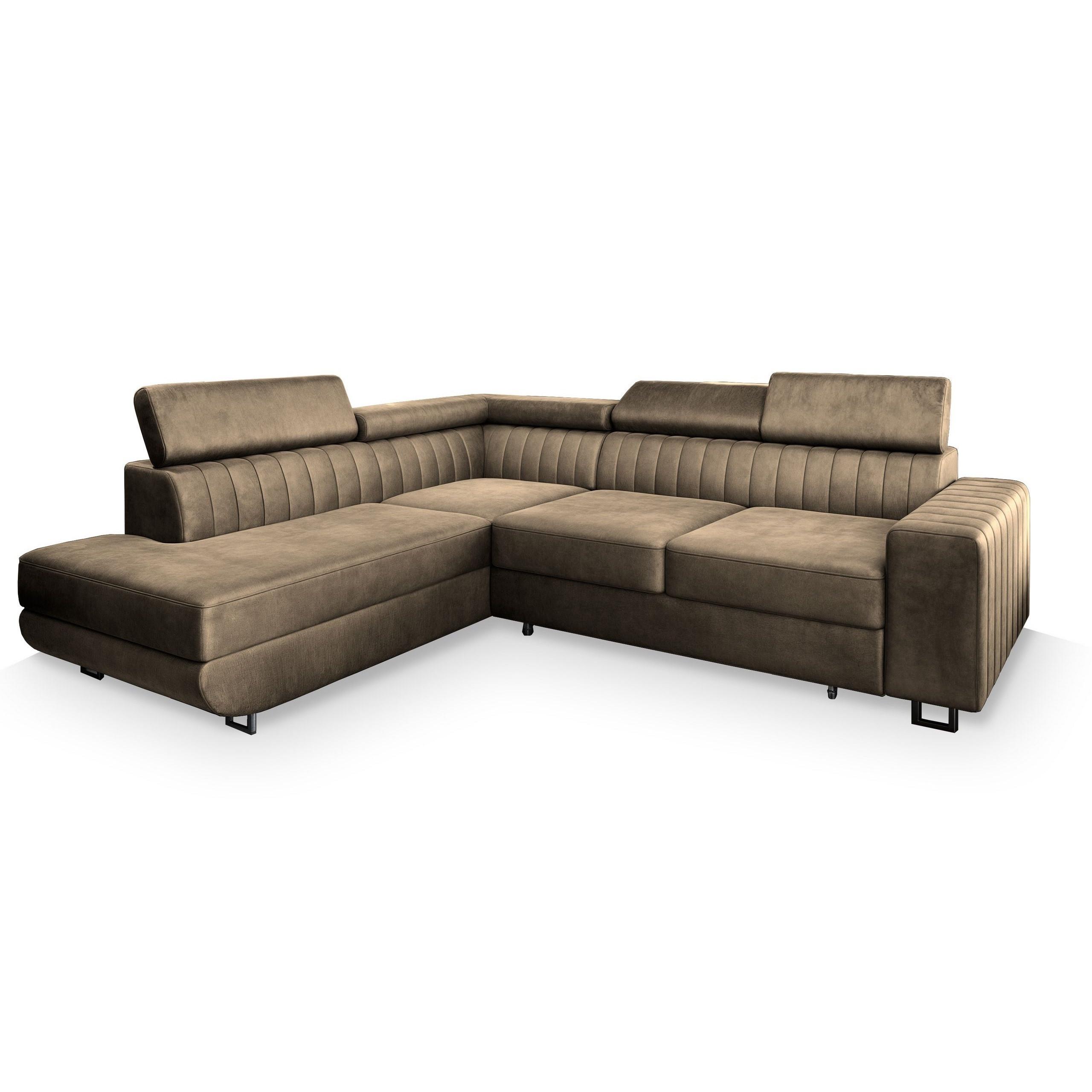 ECKSOFA NOLA L-S Beige Velours-Stoff mit Schlaffunktion - Beige/Silberfarben, Holz/Textil (253/190cm) - MASSENO