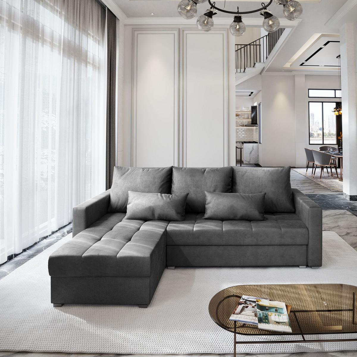 ECKSOFA KOS PIK M Grau Velours-Stoff mit Schlaffunktion - Grau, Holz/Kunststoff (220/140cm) - MASSENO