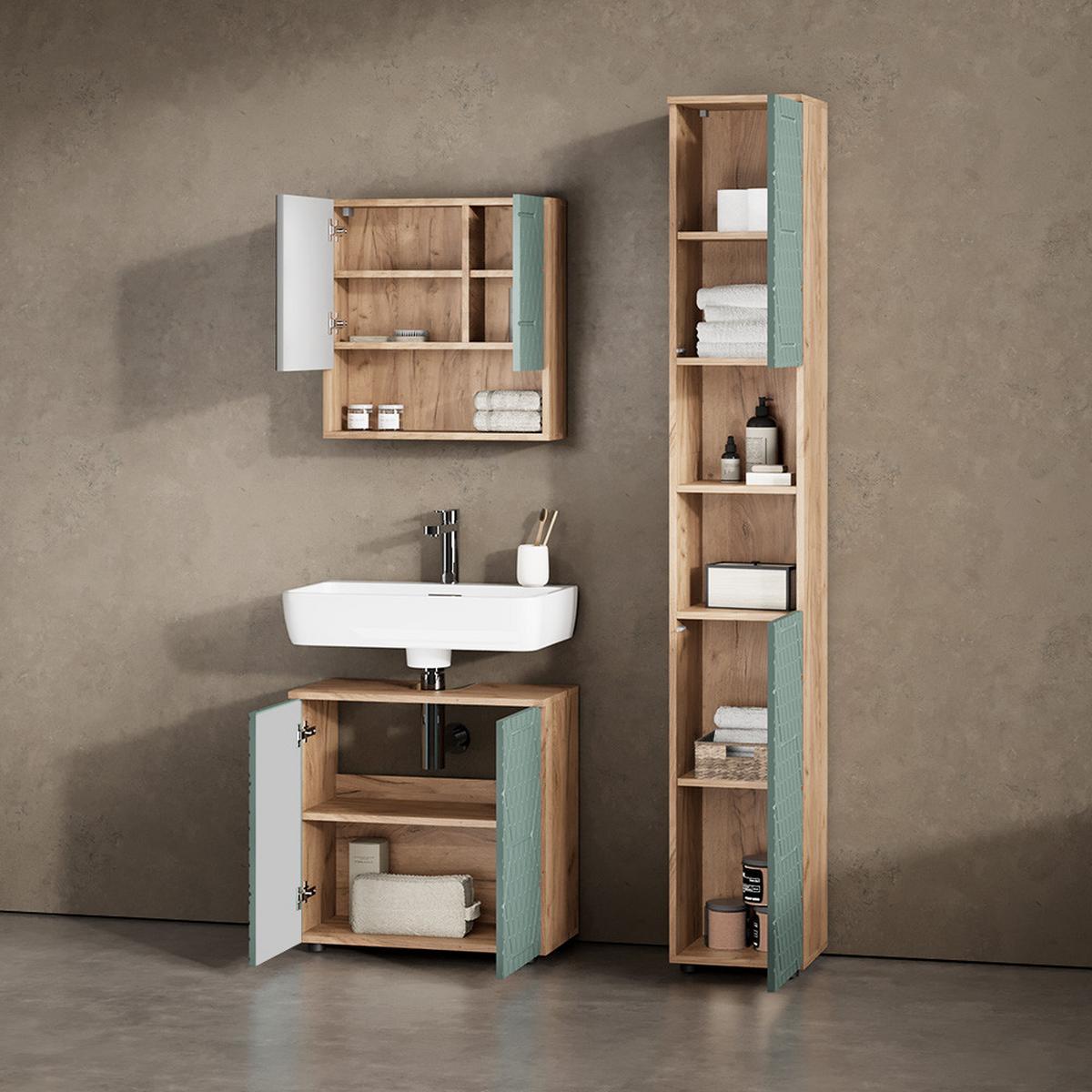 WASCHBECKENUNTERSCHRANK Ronco Grün/Goldkraft Eiche 60 x 59 cm - Honigeiche/Grün, Holzwerkstoff (60/59/30cm) - Livinity®