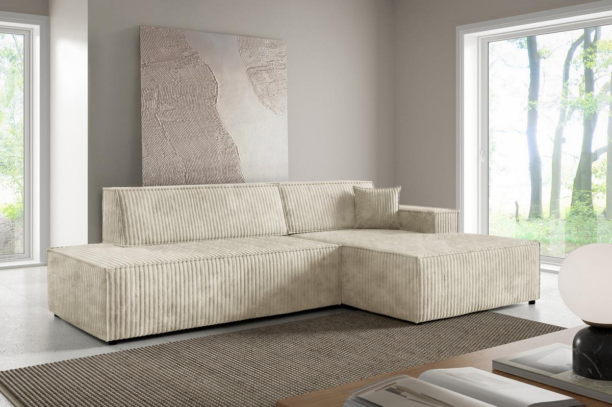 ECKSOFA TESSO R-S Creme Kordstoff mit Schlaffunktion - Champagner, Holz (247/170cm) - MASSENO