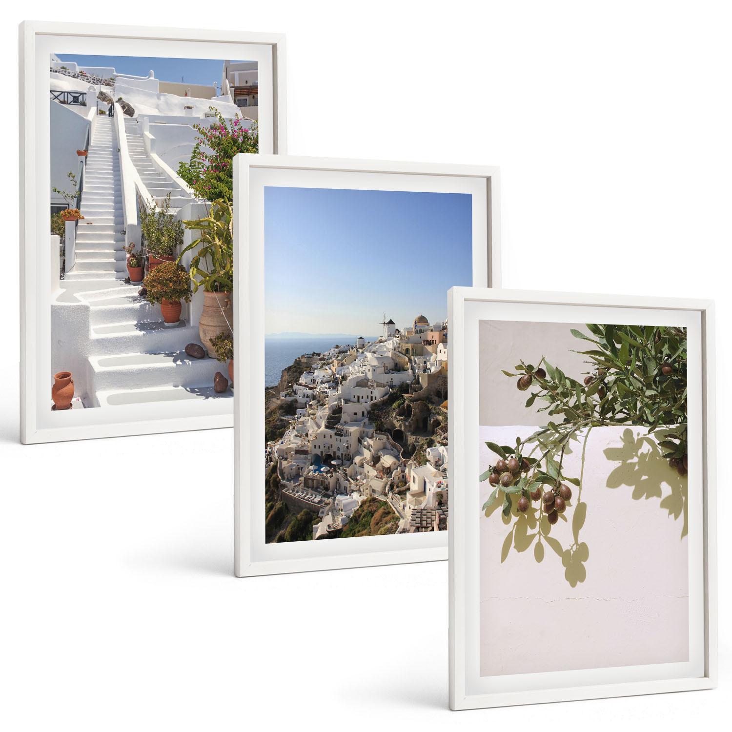 BILDER SET 3er Set - 40x60 cm Weißer Rahmen - Weiße Treppe mit Blick auf Santorini - Weiß, Kunststoff (40/60cm) - TULUP