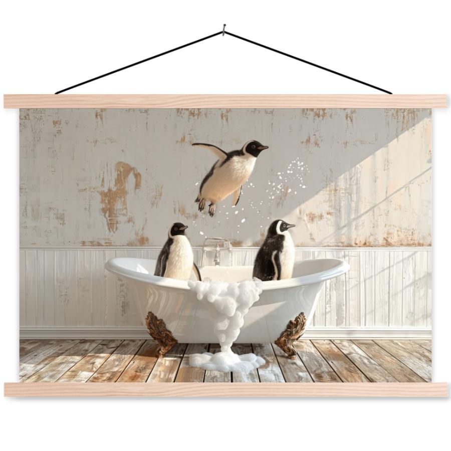 POSTER MIT MAGNETLEISTEN Vintage - Pinguin - Badewanne - Schaumstoff Wanddeko 90x60 cm - Schwarz, Textil (90/60/0.15cm) - MuchoWow
