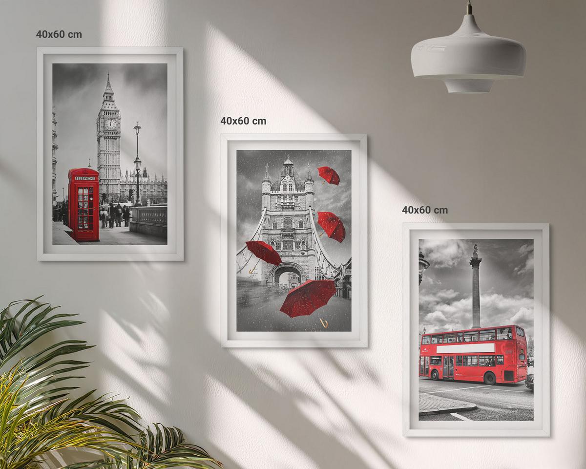 BILDER SET 3er Set - 40x60 cm Weißer Rahmen - Roter Regenschirmstand und Londoner Bus - Weiß, Kunststoff (40/60cm) - TULUP