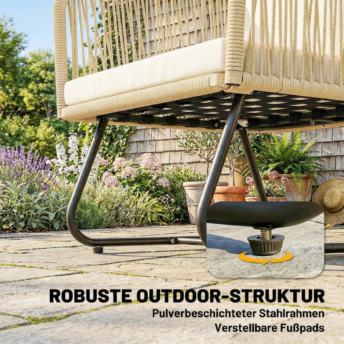 RATTAN-SITZGRUPPE 3er Set PP-Rattan Stahl Cremeweiß - Beige/Creme, Textil/Metall - Outsunny