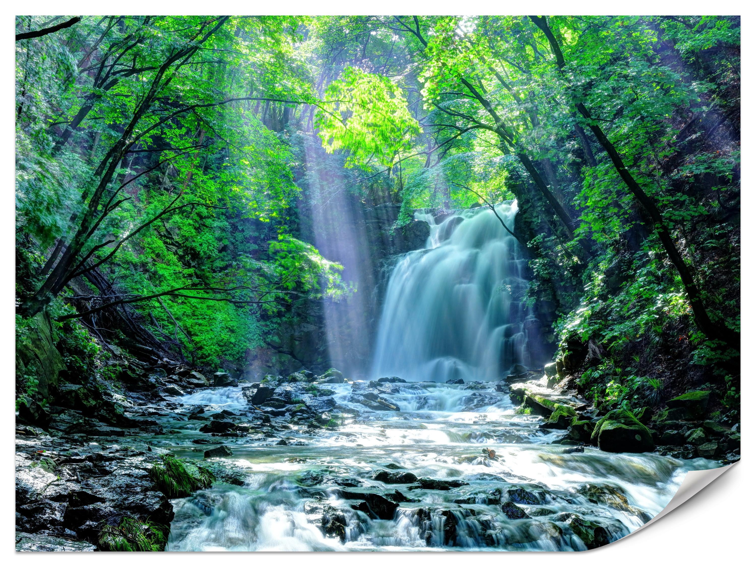 FOTOTAPETE für Schlafzimmer Wasserfall Wald Felsen Bäume Pflanzen 400x280 - Türkis/Blau, Papier (400/280cm) - Muralo