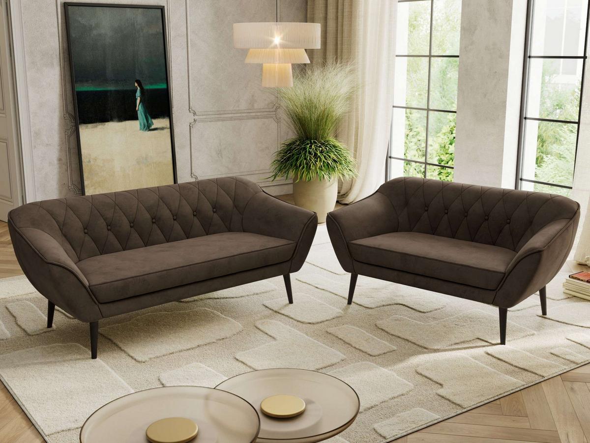 SITZGARNITUR PIRS 3+2 - Braun Velvet - Schwarze Beine - Dunkelbraun/Schwarz, Holzwerkstoff/Textil (180/75/74cm) - MKS