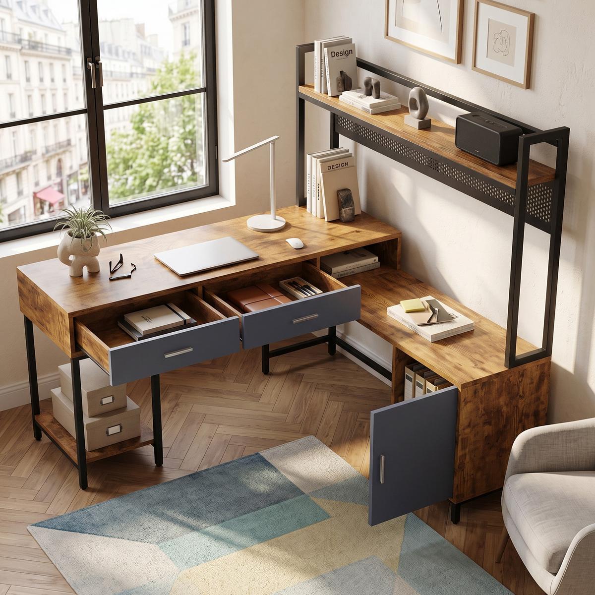 SCHREIBTISCH L-Form Industrie-Design mit Regal & Schrank 140x140cm - Schwarz/Naturfarben, Holzwerkstoff (140/140/135cm) - Urban Meuble