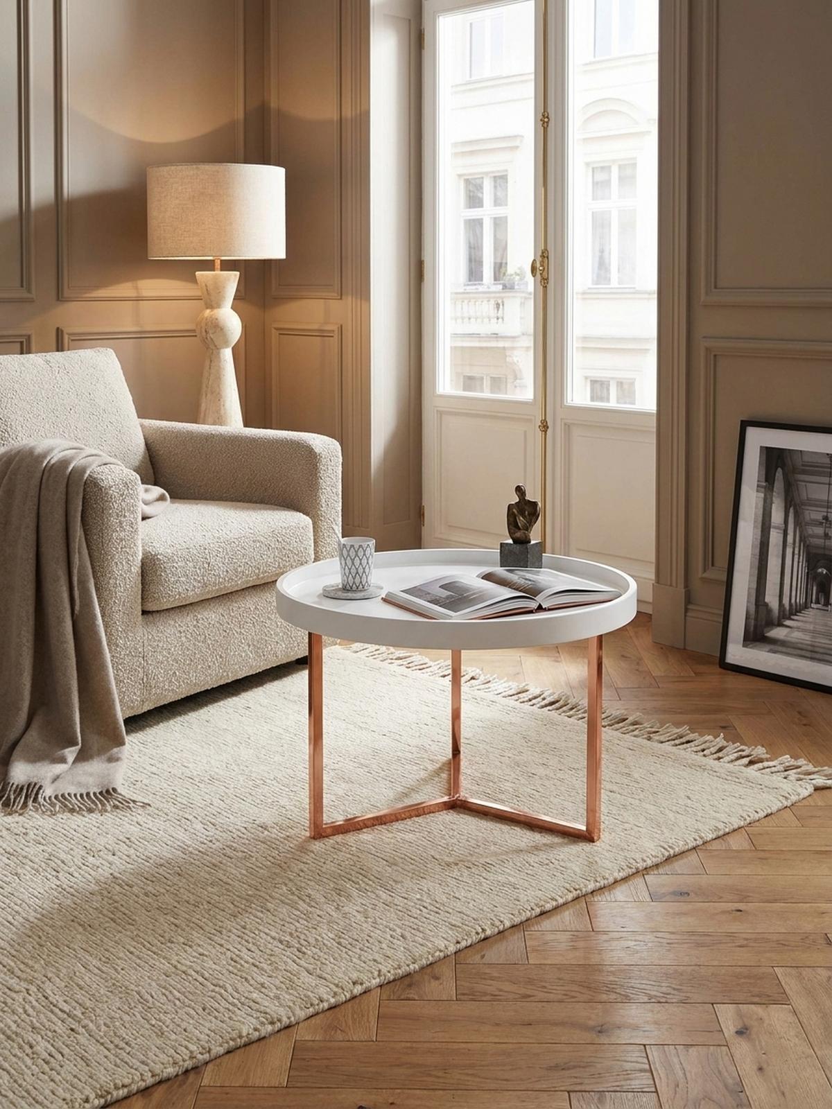 SOFATISCH LIA Rund mit Metallgestell, abnehmbares Tablett und Anti-Rutsch-Noppen, Bronze 58 x 58 x 42 cm - Braun/Bronzefarben, Holz/Metall (58/58/42cm) - KADIMA DESIGN